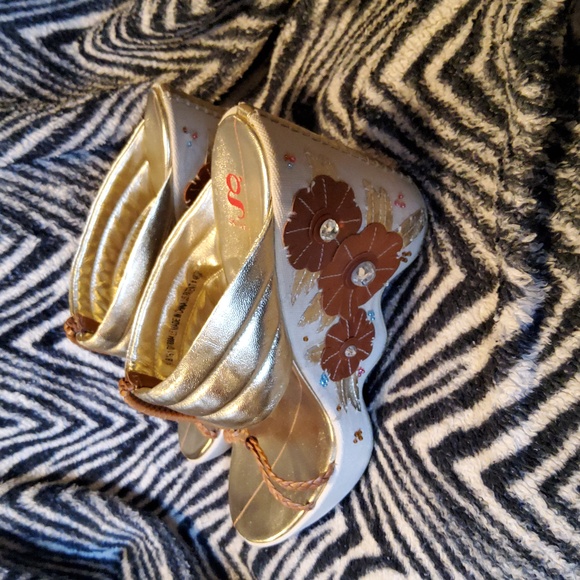 Canvas wedge heel sandals Brown leather rhinestone detail - Picture 2 of 6